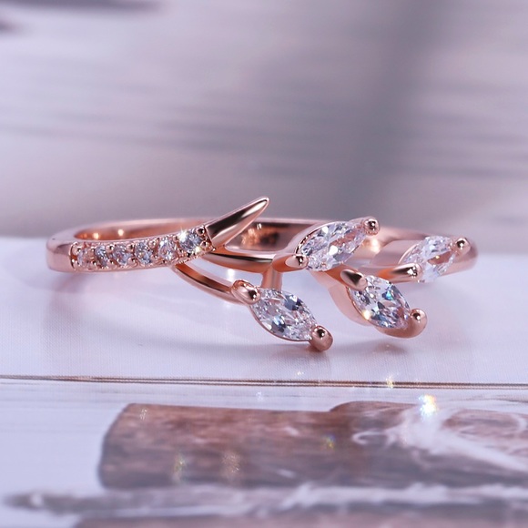 New Rose Gold Plated Leaf Diamond Ring - Picture 3 of 6